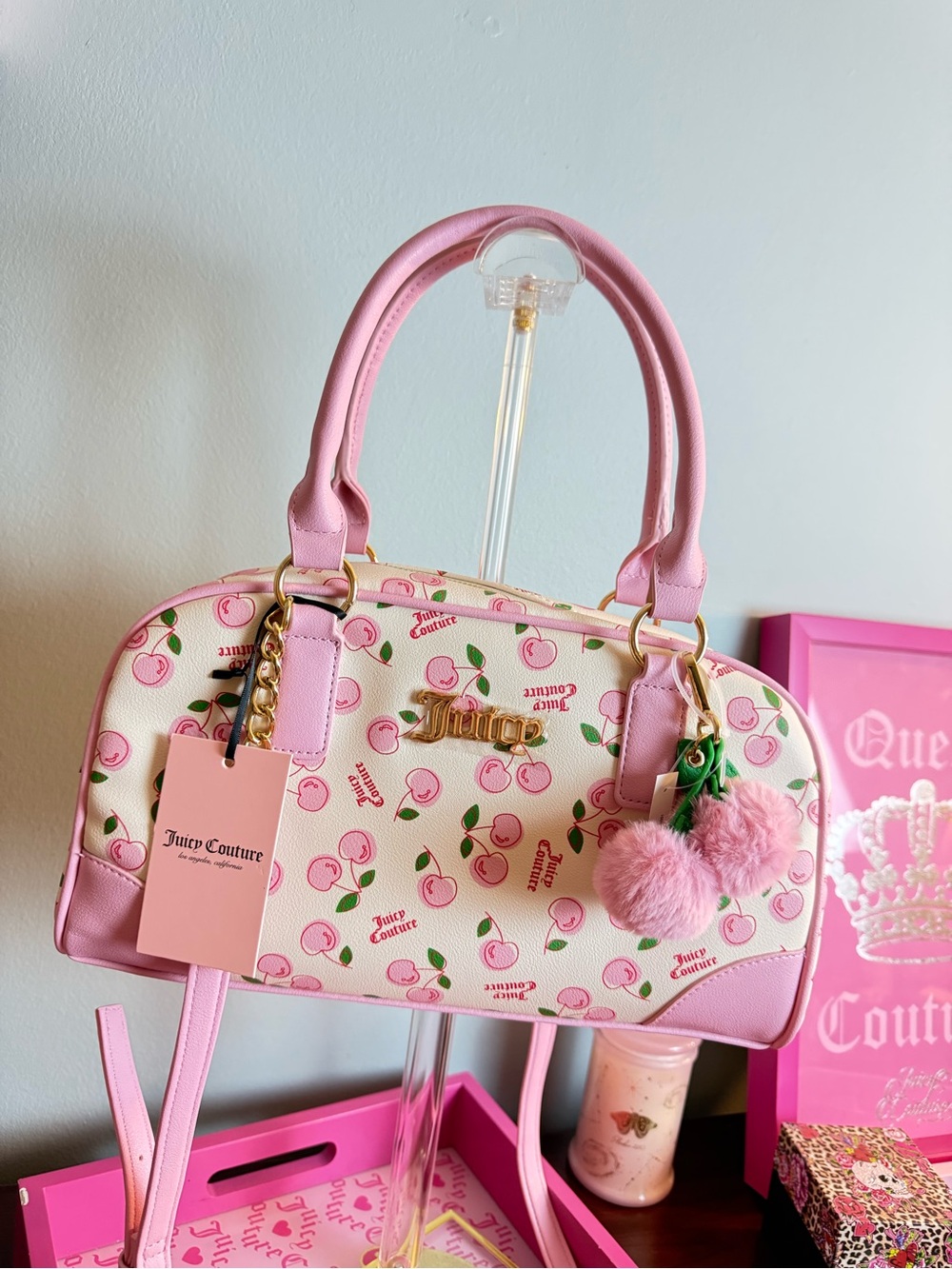 Juicy Couture Pink Cherry-Print Satchel with Pom Pom Charm